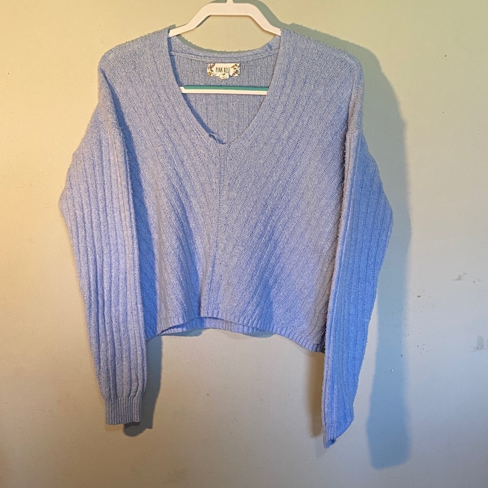 Pink Rose Sky Blue V-Neck Sweater